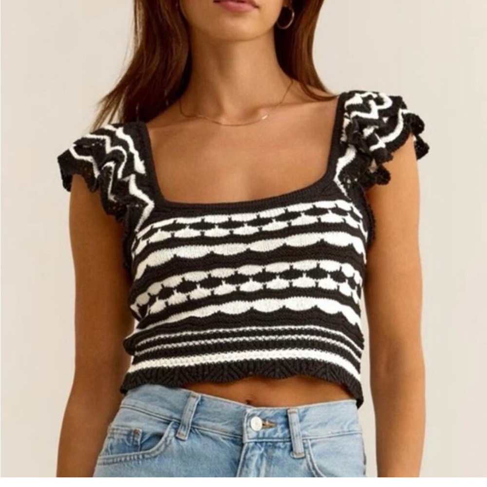 Z Supply Black and White Crochet Knit Ruffle Sleeve Top